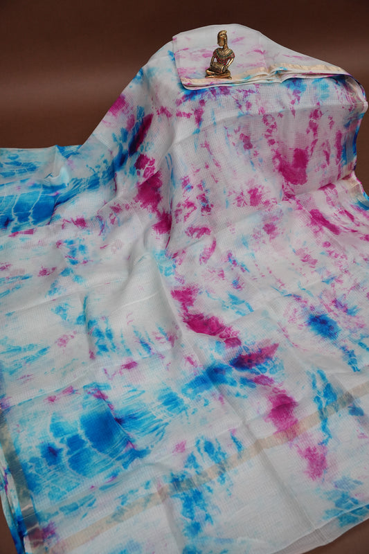 Silk Kota Shibori Tie & Dye Saree - White with Pink & Blue