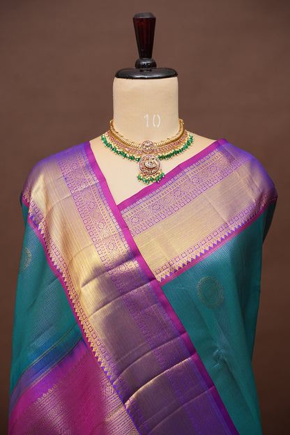 Peacock Blue & Purple Pure Kanchipuram Brocade Silk Saree|Silk Mark Certified
