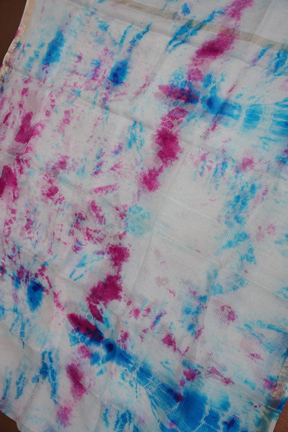 Silk Kota Shibori Tie & Dye Saree - White with Pink & Blue