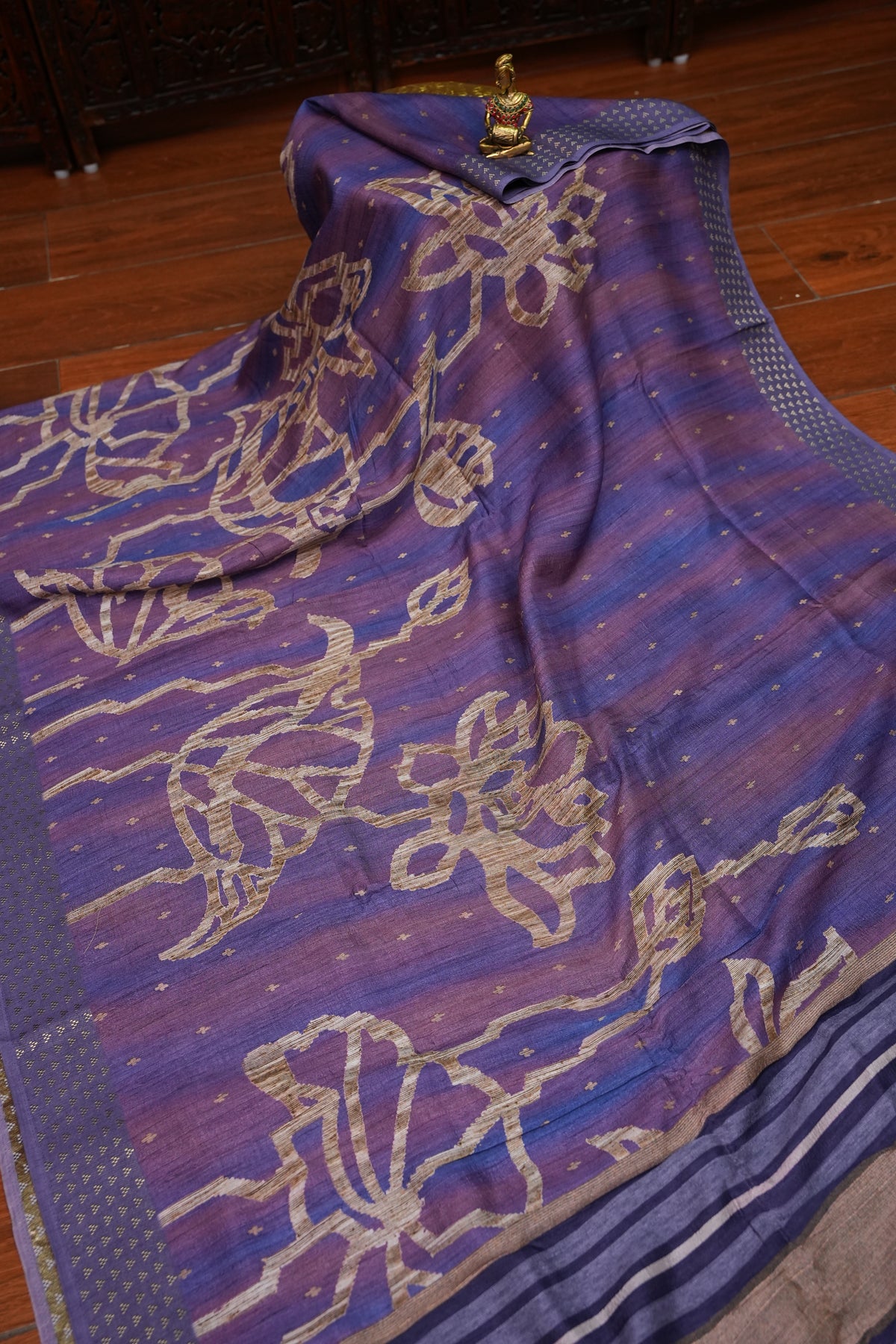 Semi Tussar Saree with Floral Printed Pallu & Striped Blouse – Purple
