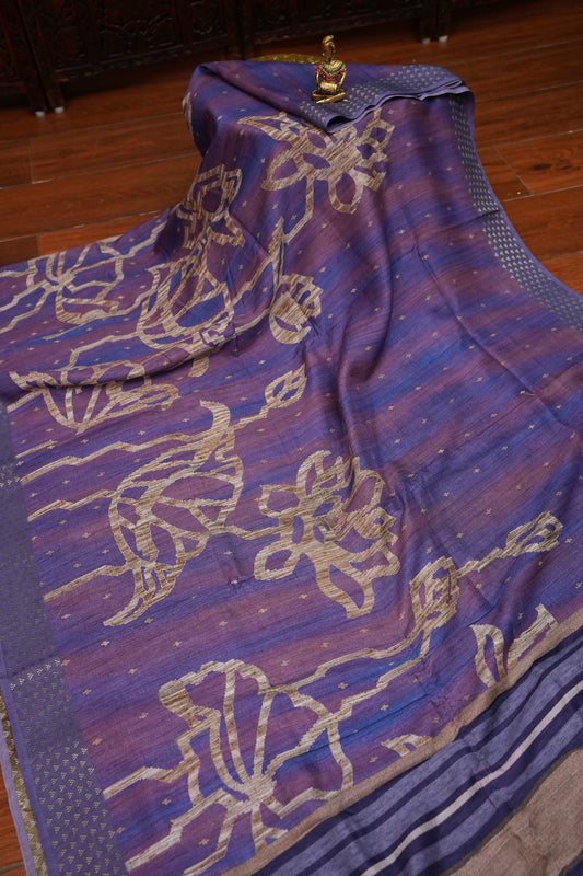 Semi Tussar Saree with Floral Printed Pallu & Striped Blouse – Purple
