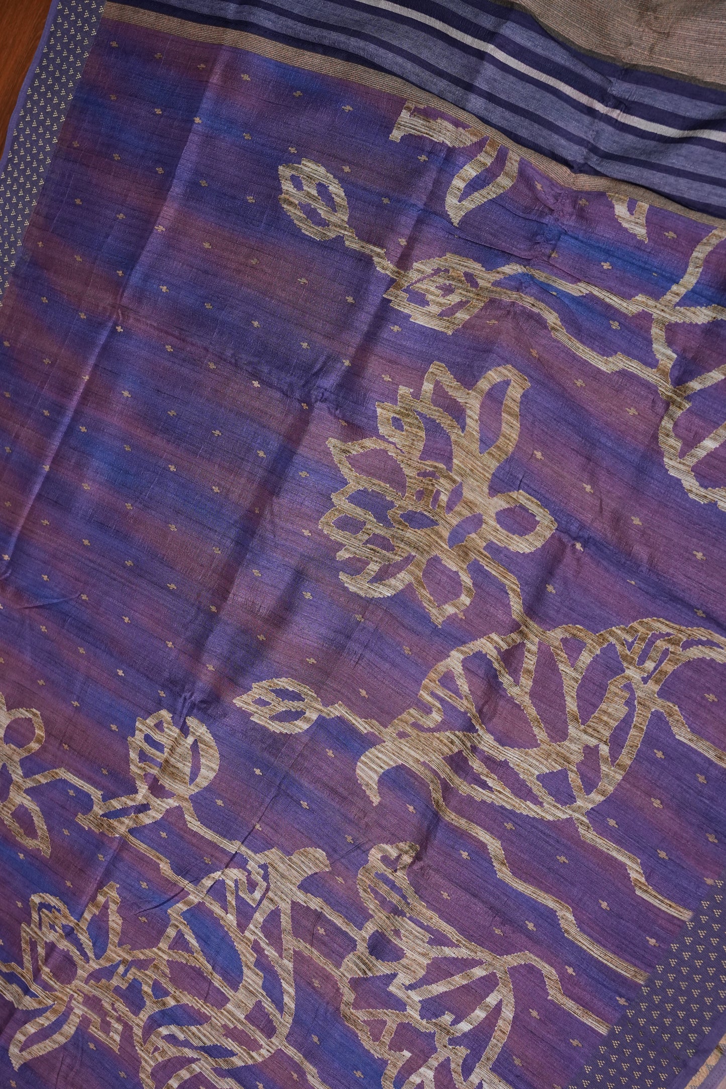 Semi Tussar Saree with Floral Printed Pallu & Striped Blouse – Purple
