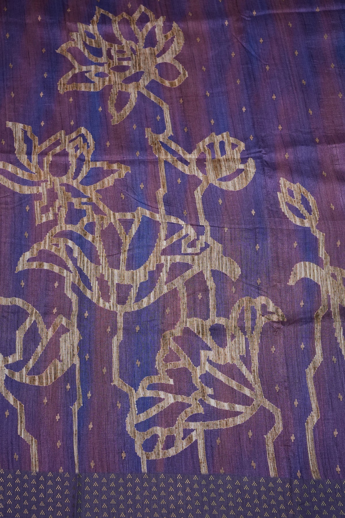 Semi Tussar Saree with Floral Printed Pallu & Striped Blouse – Purple