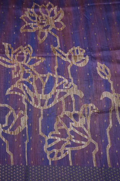 Semi Tussar Saree with Floral Printed Pallu & Striped Blouse – Purple