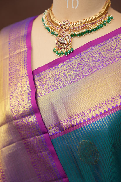 Peacock Blue & Purple Pure Kanchipuram Brocade Silk Saree|Silk Mark Certified
