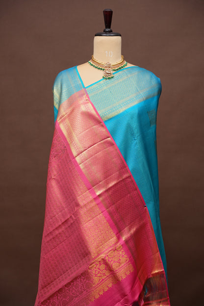 Blue & Pink with Microchecks Pure Kanchipuram Silk Saree|Silk Mark Certified