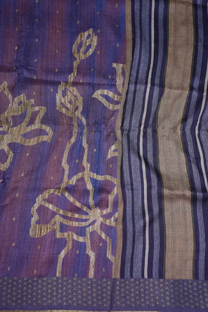 Semi Tussar Saree with Floral Printed Pallu & Striped Blouse – Purple