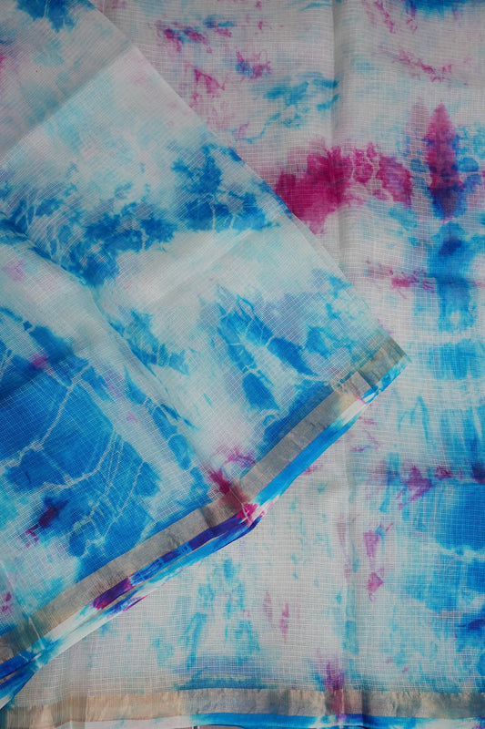 Silk Kota Shibori Tie & Dye Saree - White with Pink & Blue