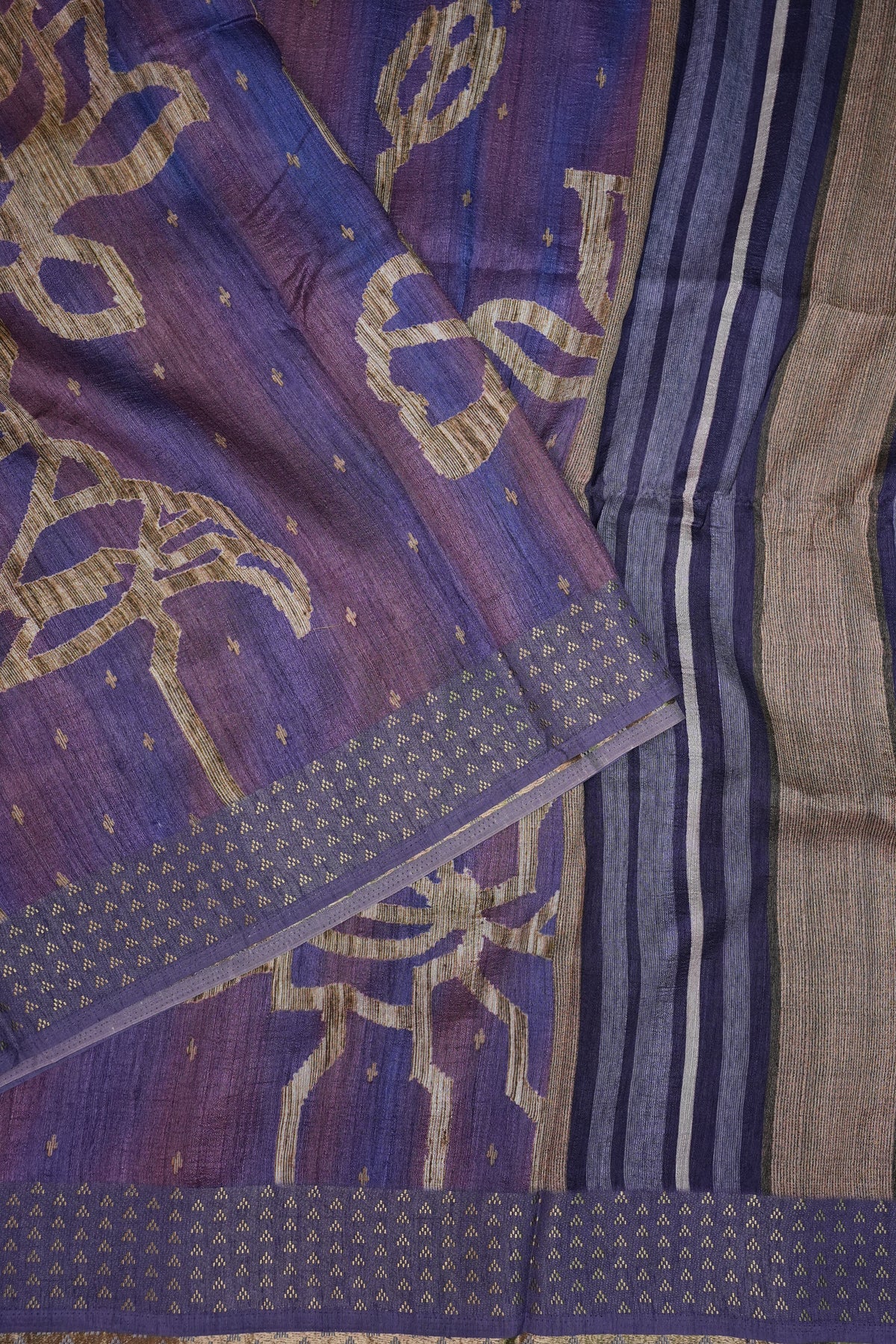 Semi Tussar Saree with Floral Printed Pallu & Striped Blouse – Purple