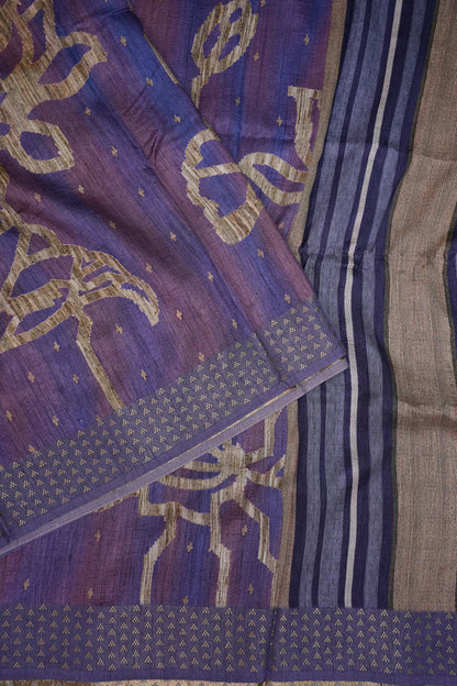 Semi Tussar Saree with Floral Printed Pallu & Striped Blouse – Purple