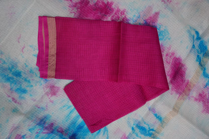 Silk Kota Shibori Tie & Dye Saree - White with Pink & Blue