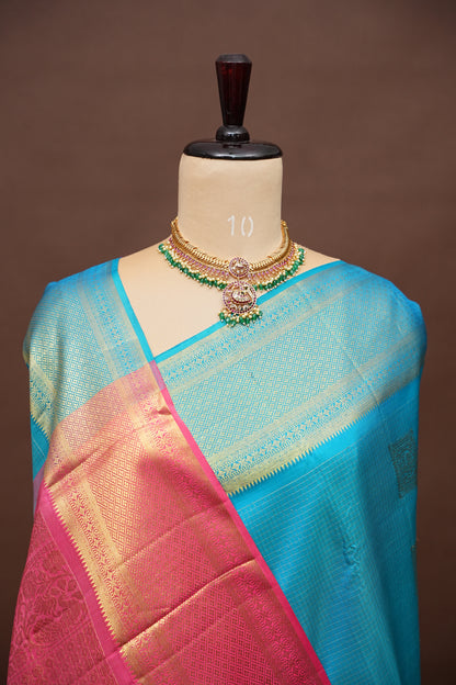 Blue & Pink with Microchecks Pure Kanchipuram Silk Saree|Silk Mark Certified