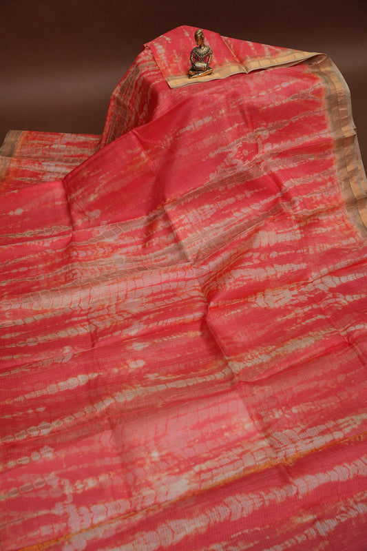 Silk Kota Shibori Tie & Dye Saree - Orange & Mud Brown