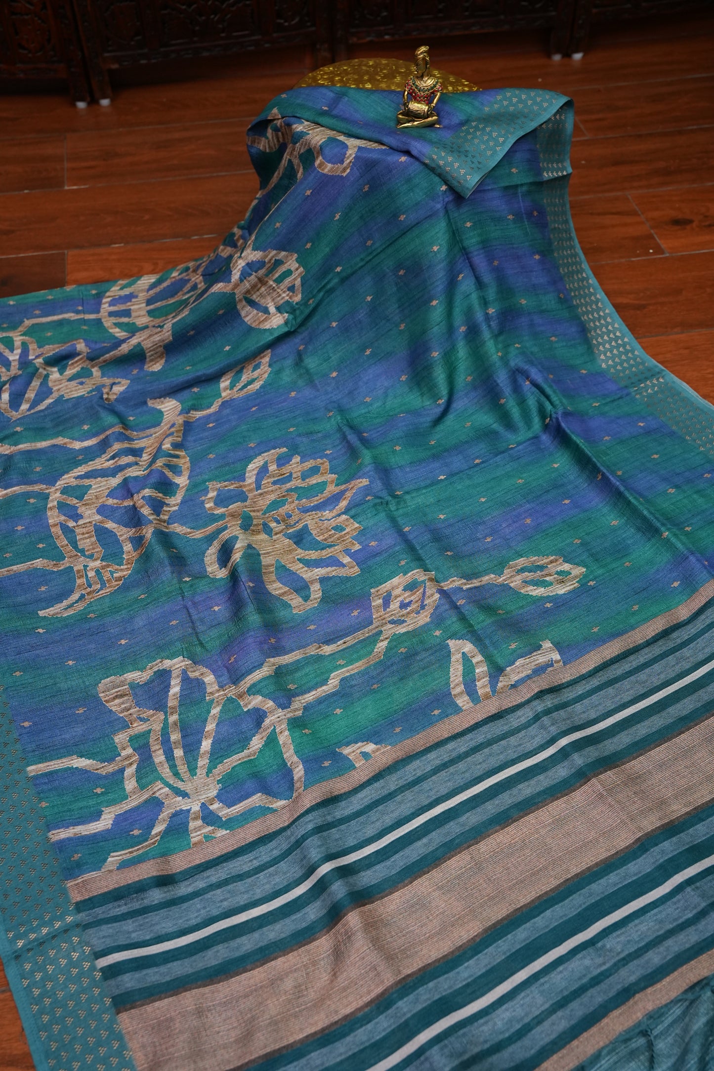 Semi Tussar Saree with Floral Printed Pallu & Striped Blouse – Teal Blue