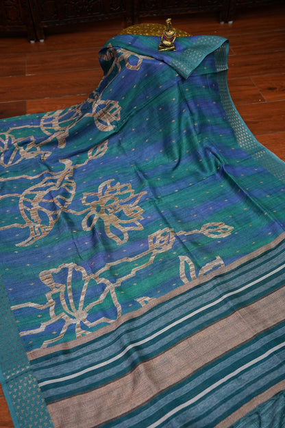 Semi Tussar Saree with Floral Printed Pallu & Striped Blouse – Teal Blue