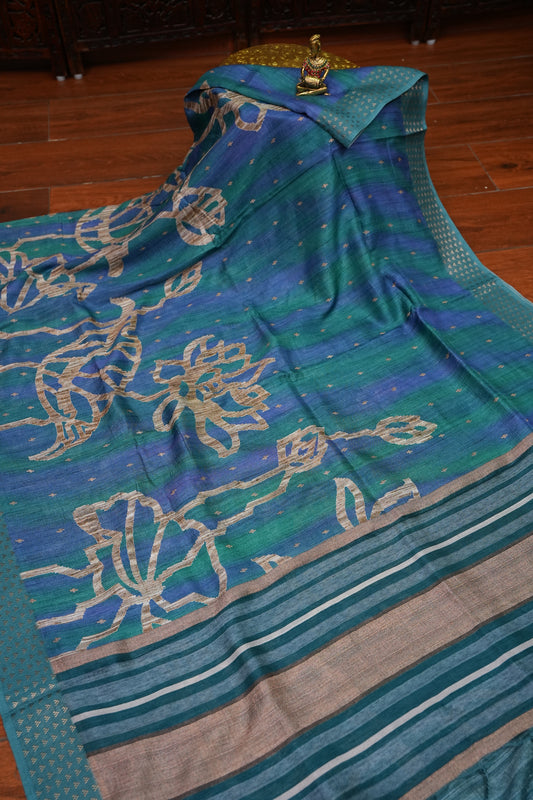 Semi Tussar Saree with Floral Printed Pallu & Striped Blouse – Teal Blue