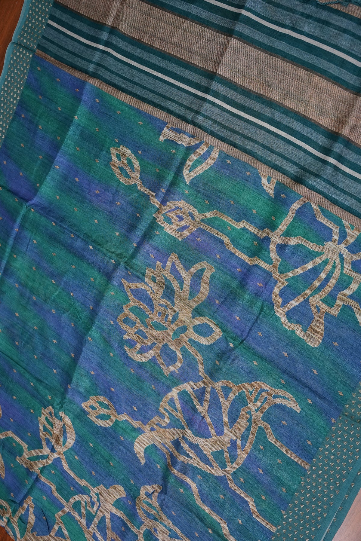 Semi Tussar Saree with Floral Printed Pallu & Striped Blouse – Teal Blue