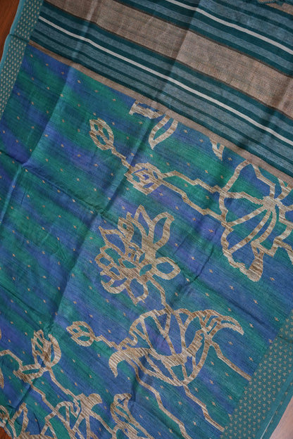 Semi Tussar Saree with Floral Printed Pallu & Striped Blouse – Teal Blue