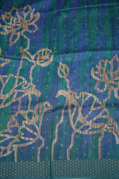 Semi Tussar Saree with Floral Printed Pallu & Striped Blouse – Teal Blue