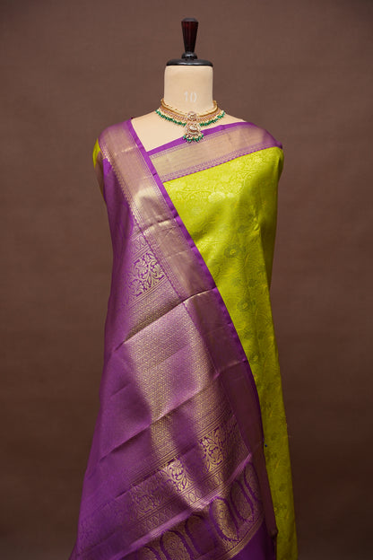 Bright Parrot Green & Purple Pure Kanchipuram Brocade Silk Saree|Silk Mark Certified