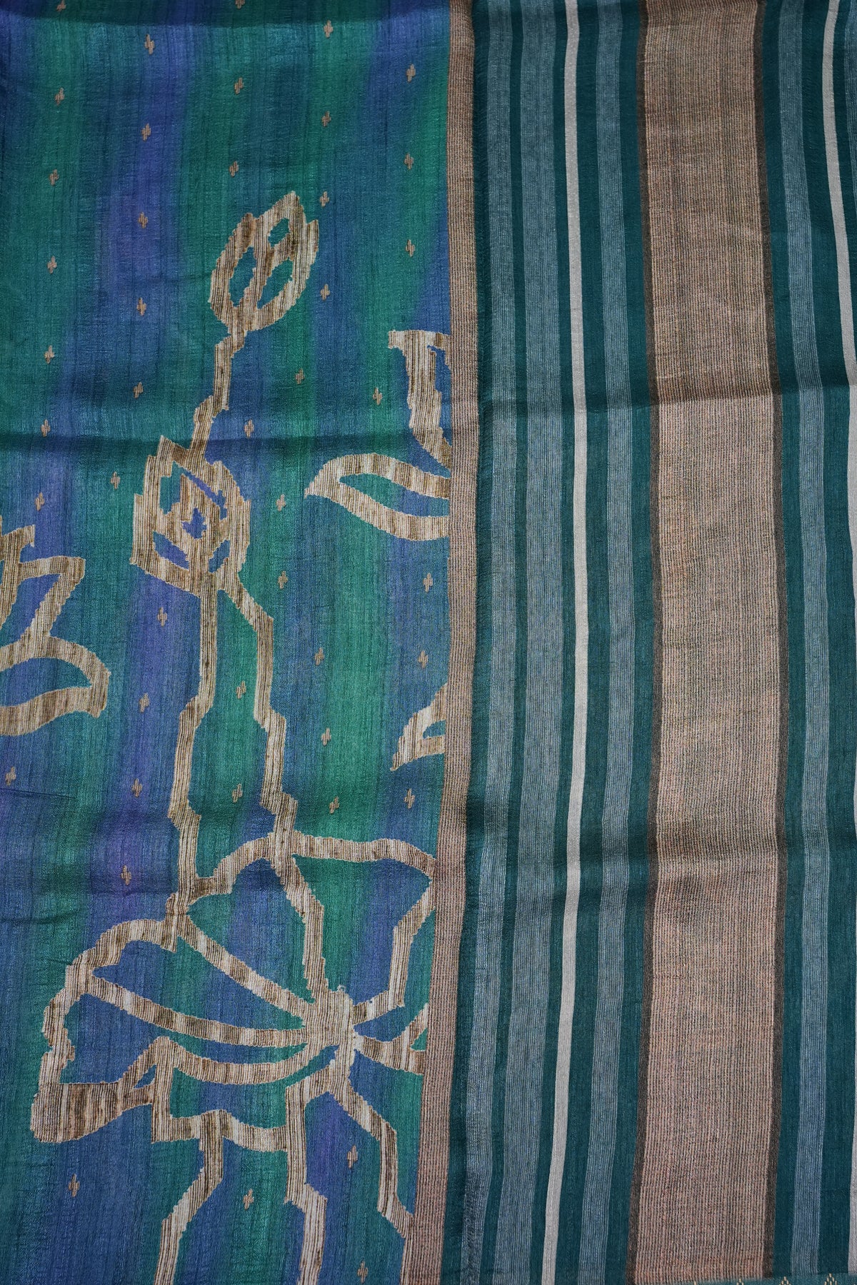 Semi Tussar Saree with Floral Printed Pallu & Striped Blouse – Teal Blue