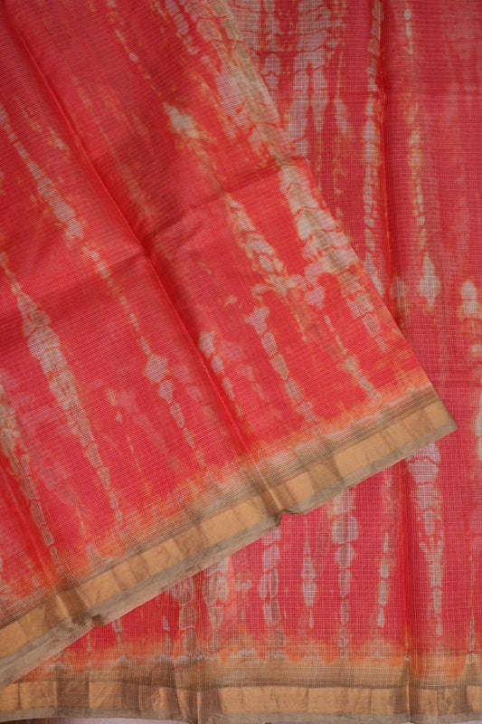 Silk Kota Shibori Tie & Dye Saree - Orange & Mud Brown