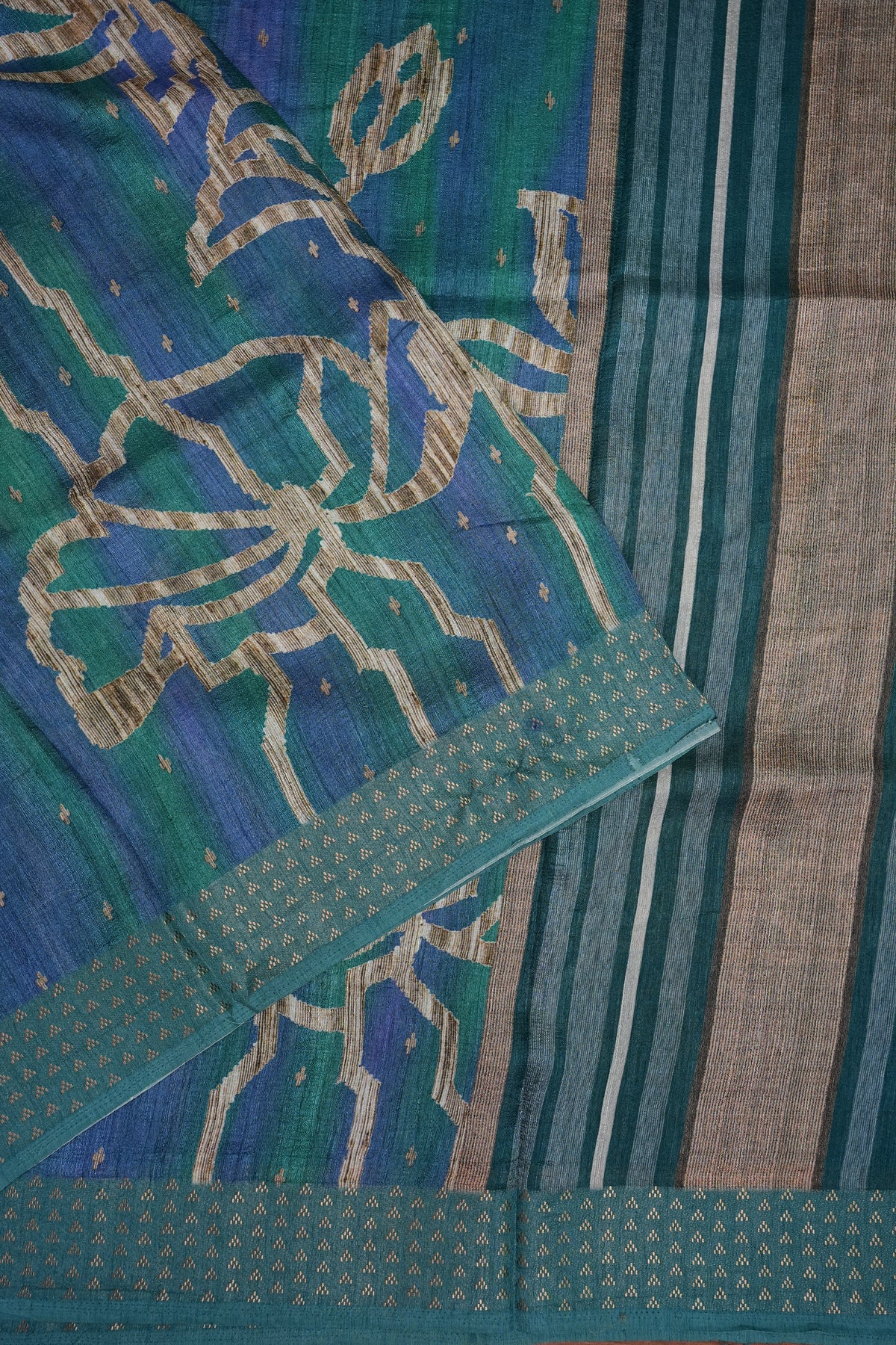 Semi Tussar Saree with Floral Printed Pallu & Striped Blouse – Teal Blue