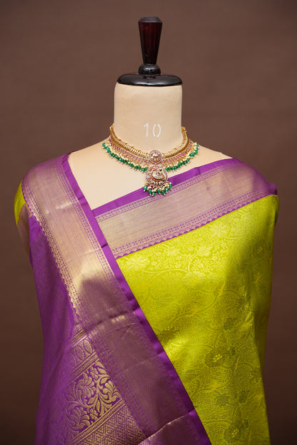 Bright Parrot Green & Purple Pure Kanchipuram Brocade Silk Saree|Silk Mark Certified