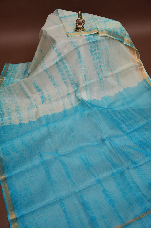 Silk Kota Shibori Tie & Dye Saree - Blue and white