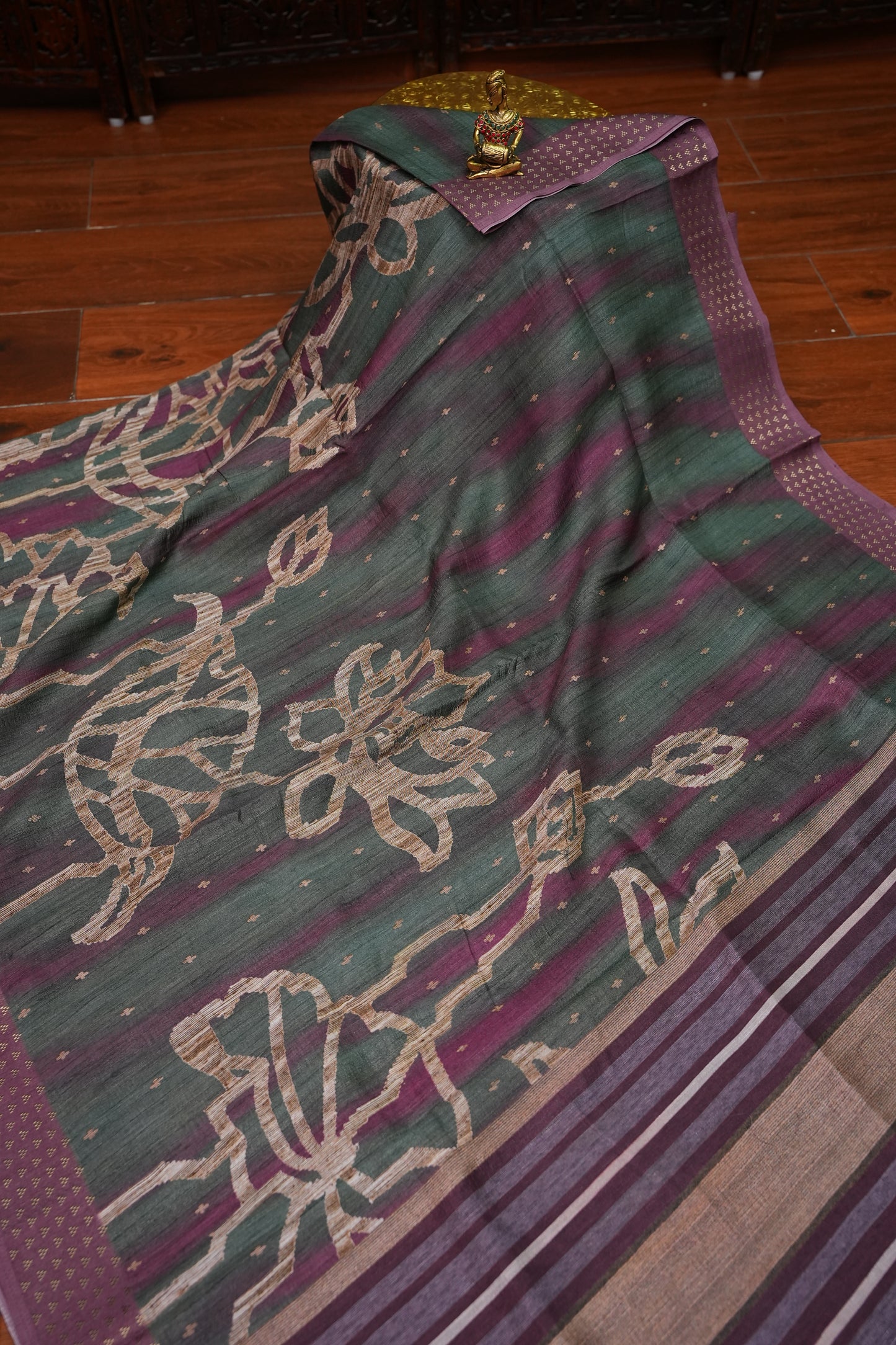 Semi Tussar Saree with Floral Printed Pallu & Striped Blouse – Charcoal Grey & Plum