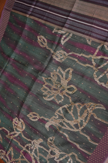 Semi Tussar Saree with Floral Printed Pallu & Striped Blouse – Charcoal Grey & Plum