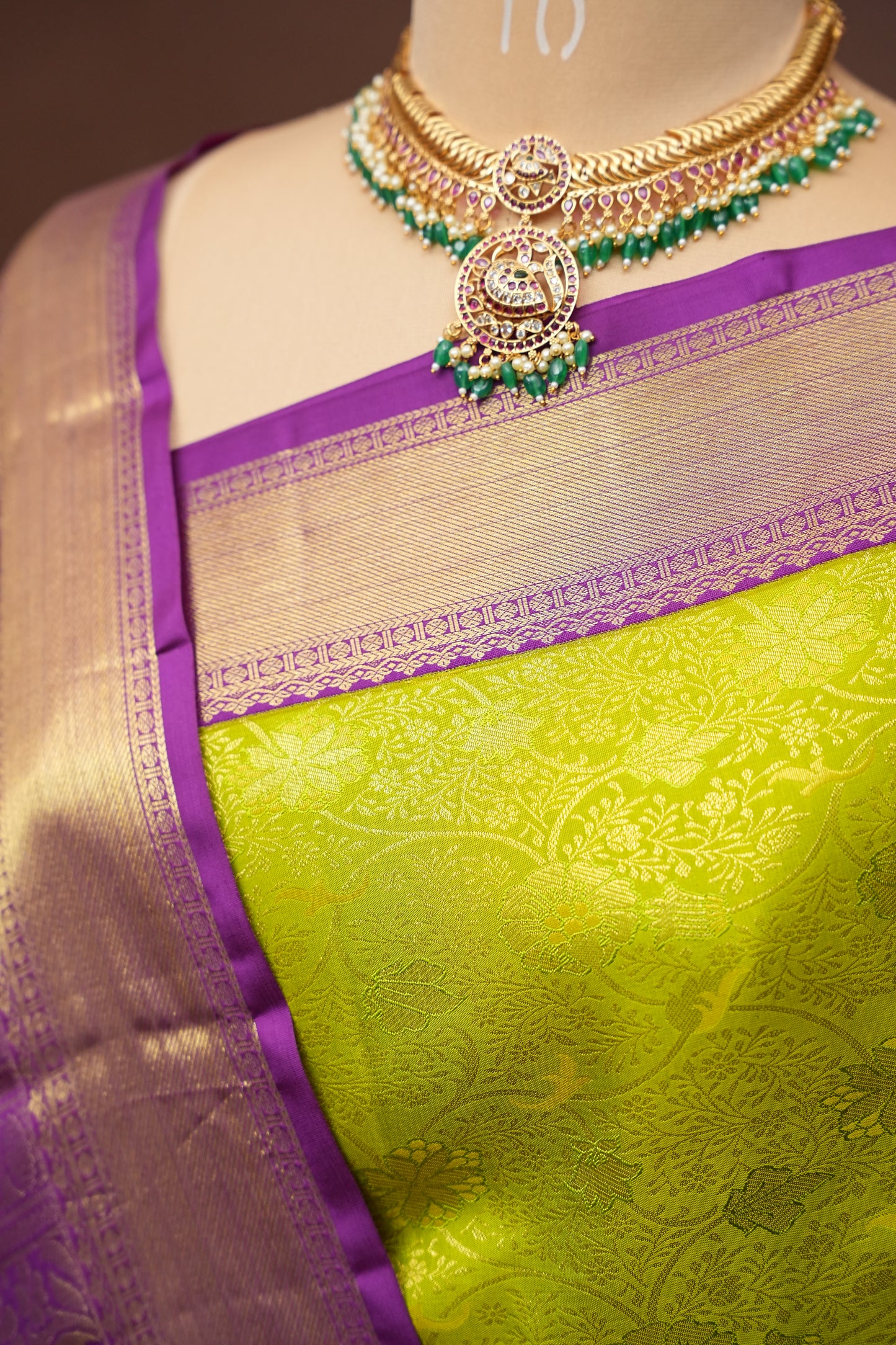 Bright Parrot Green & Purple Pure Kanchipuram Brocade Silk Saree|Silk Mark Certified
