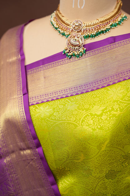 Bright Parrot Green & Purple Pure Kanchipuram Brocade Silk Saree|Silk Mark Certified