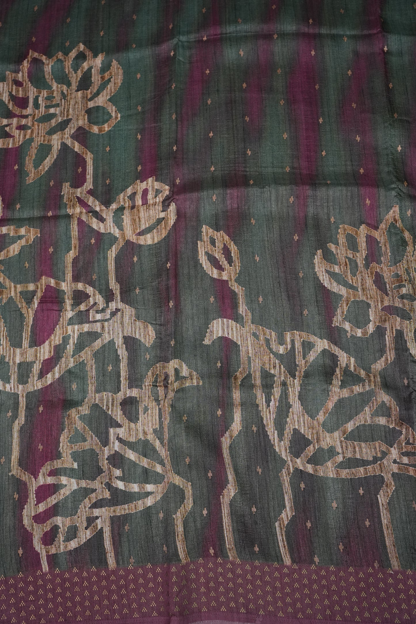 Semi Tussar Saree with Floral Printed Pallu & Striped Blouse – Charcoal Grey & Plum