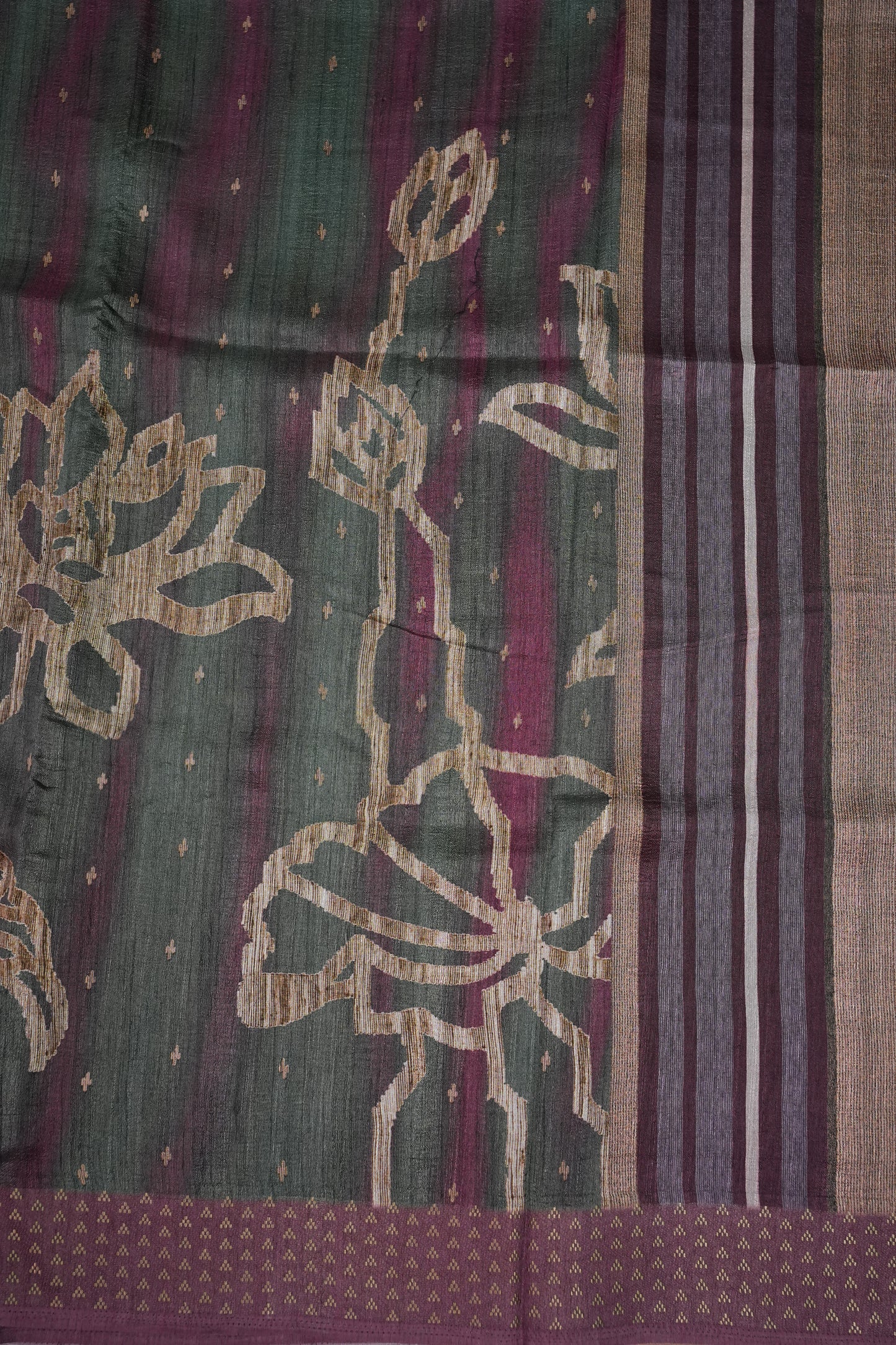 Semi Tussar Saree with Floral Printed Pallu & Striped Blouse – Charcoal Grey & Plum