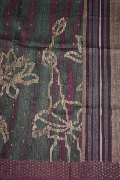 Semi Tussar Saree with Floral Printed Pallu & Striped Blouse – Charcoal Grey & Plum