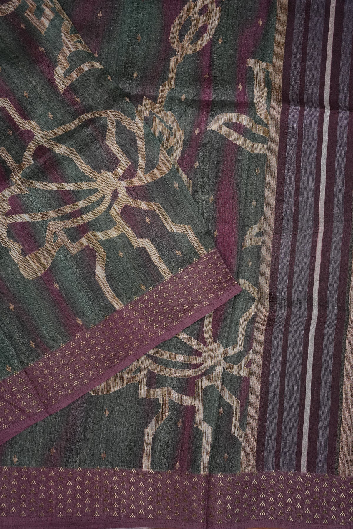 Semi Tussar Saree with Floral Printed Pallu & Striped Blouse – Charcoal Grey & Plum