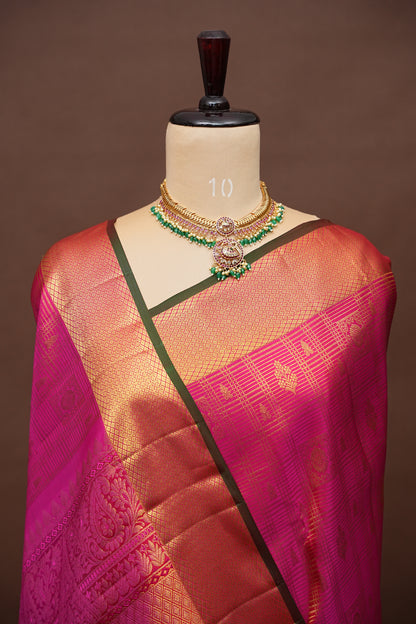Hot Pink & Green Statement Pure Kanchipuram Brocade Silk Saree|Silk Mark Certified