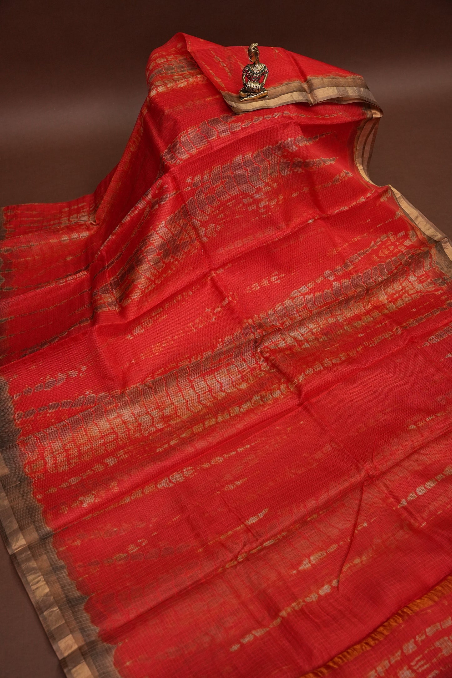Silk Kota Shibori Tie & Dye Saree - Orange and Mud Brown