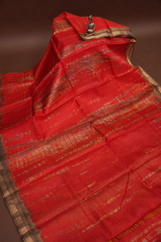 Silk Kota Shibori Tie & Dye Saree - Orange and Mud Brown