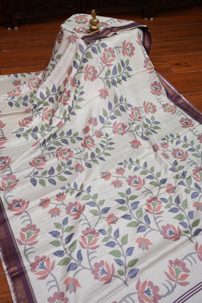 Semi Crepe Saree with Floral Design & Small Border – Ivory White
