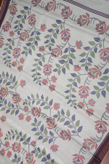 Semi Crepe Saree with Floral Design & Small Border – Ivory White