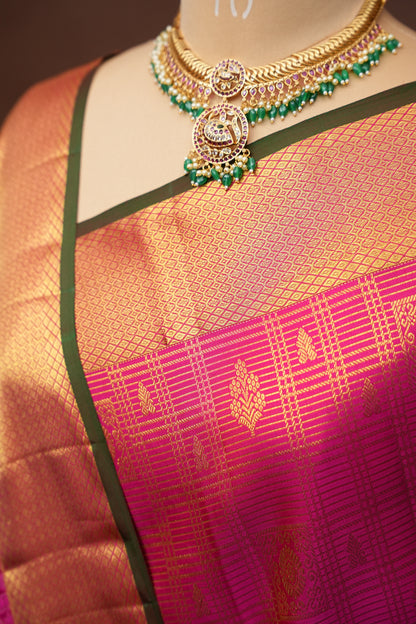 Hot Pink & Green Statement Pure Kanchipuram Brocade Silk Saree|Silk Mark Certified