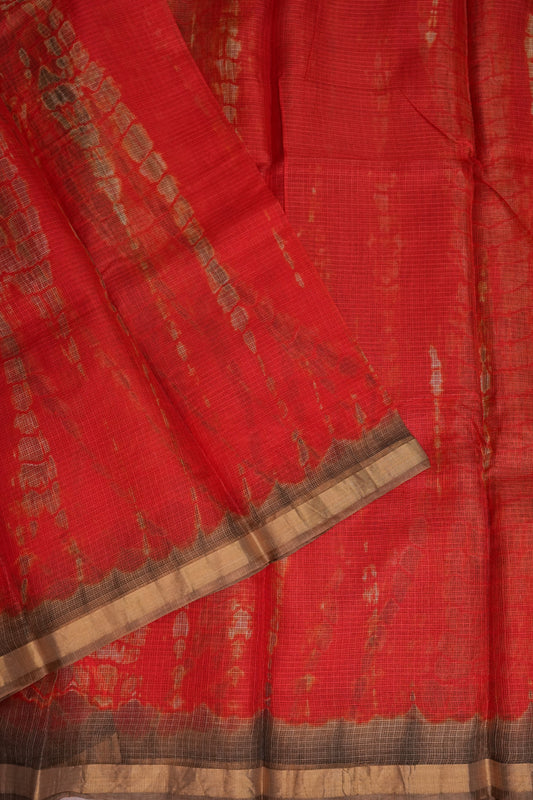 Silk Kota Shibori Tie & Dye Saree - Orange and Mud Brown