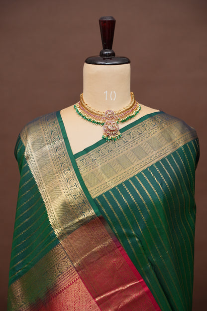 Emerald Green & Orange Pure Kanchipuram Silk Saree|Silk Mark Certified