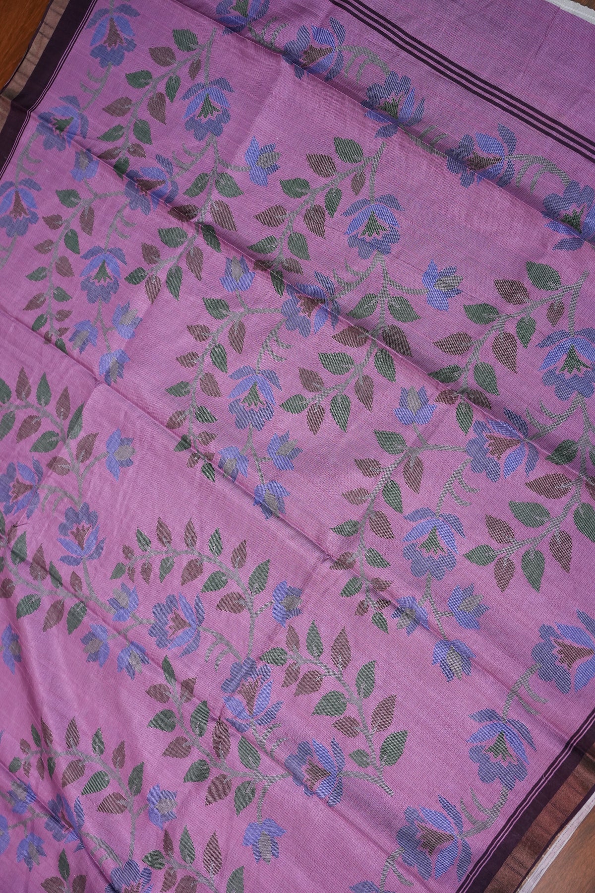 Semi Crepe Saree with Floral Design & Small Border – Lavender Purple