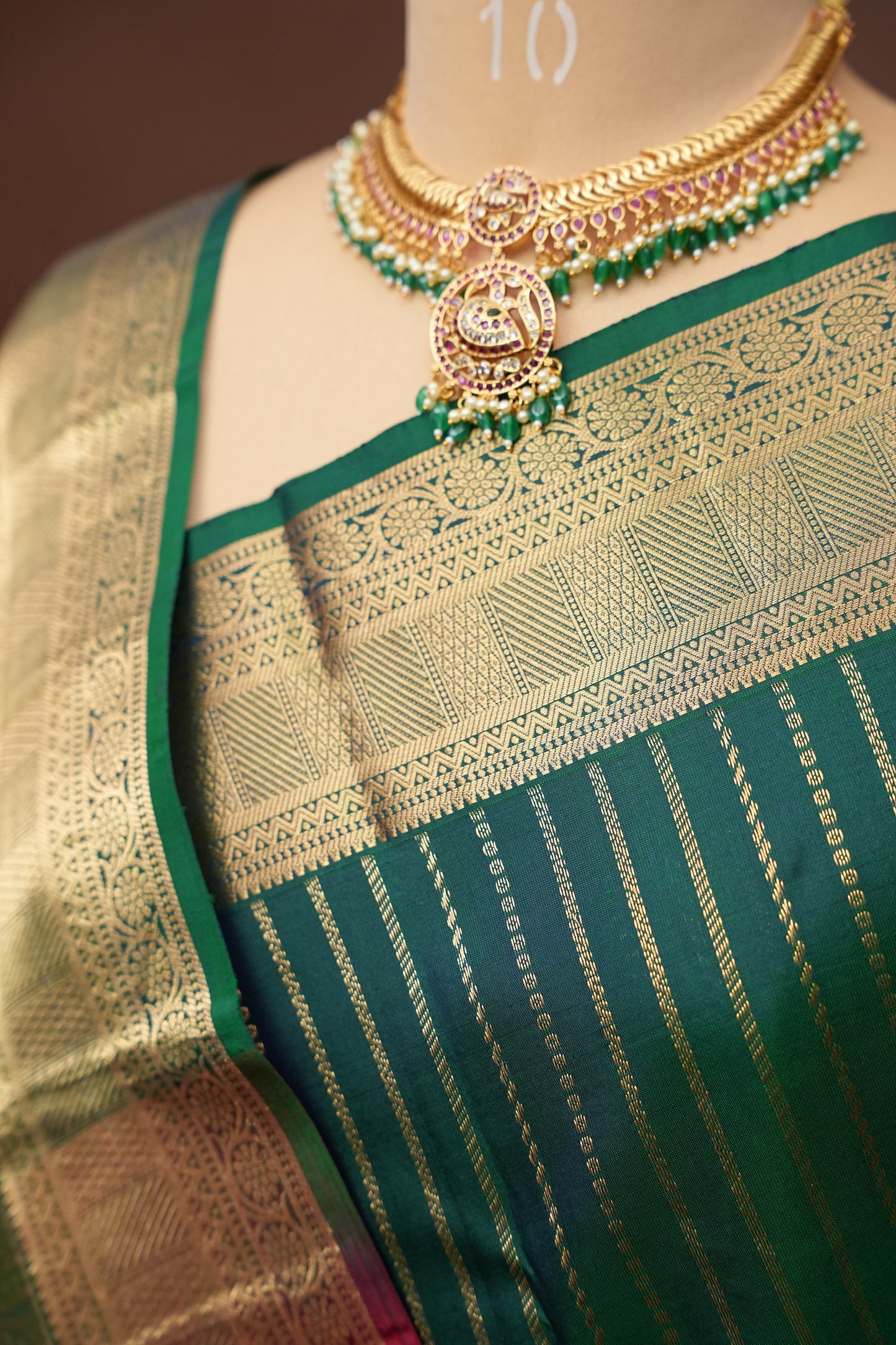 Emerald Green & Orange Pure Kanchipuram Silk Saree|Silk Mark Certified