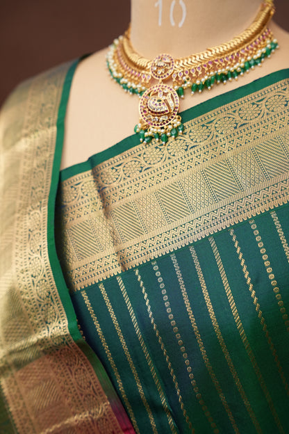 Emerald Green & Orange Pure Kanchipuram Silk Saree|Silk Mark Certified