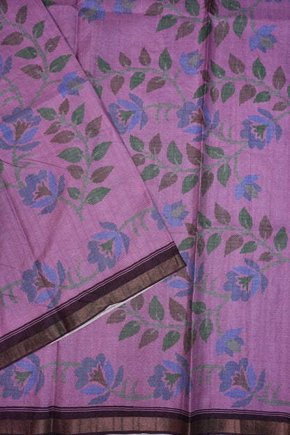 Semi Crepe Saree with Floral Design & Small Border – Lavender Purple