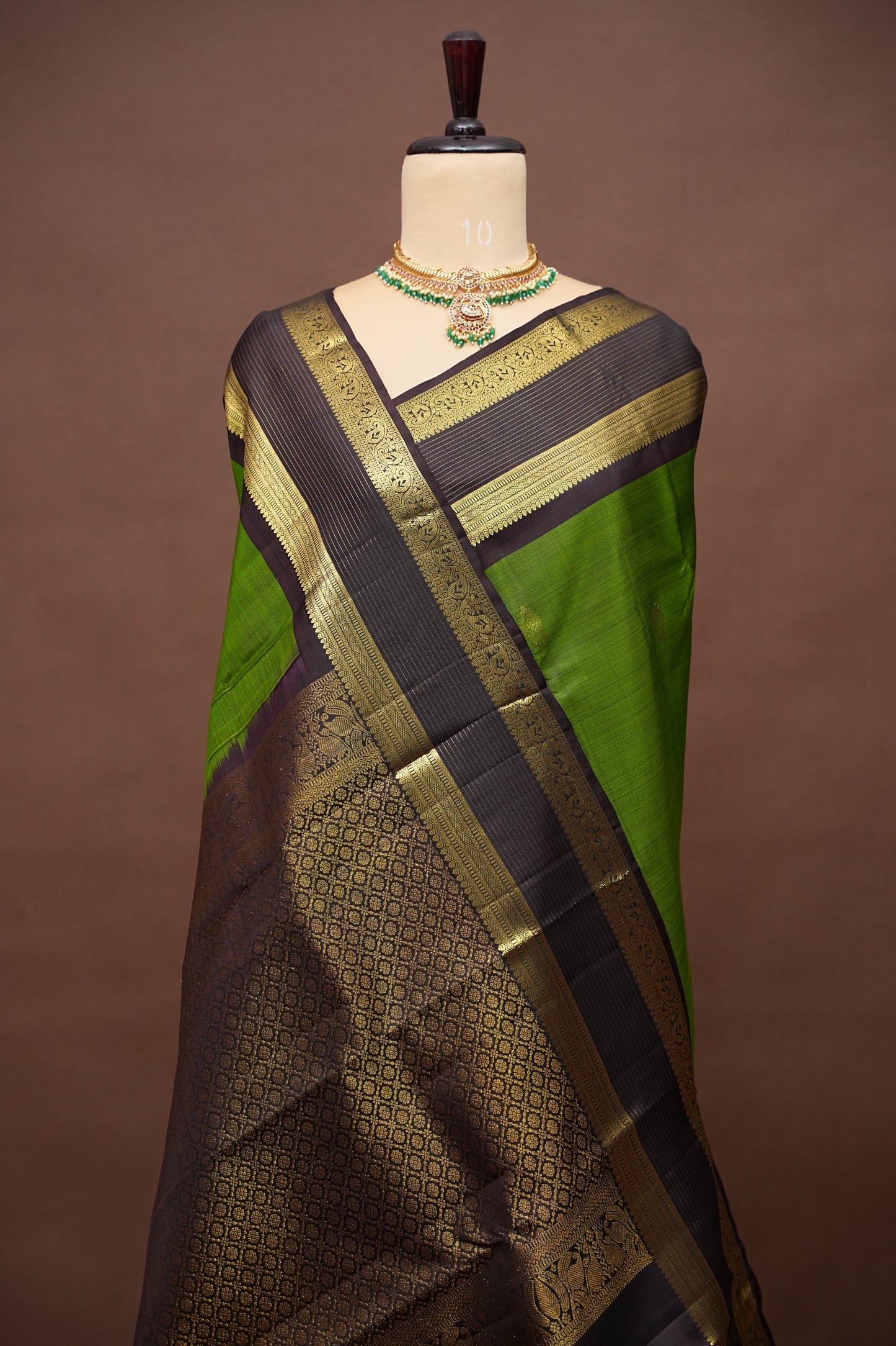 Leaf Green & Coffee Pure Kanchipuram Silk Saree|Silk Mark Certified